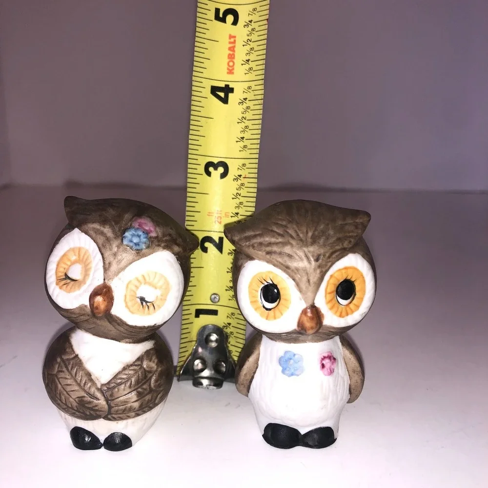 OWLS Salt & Pepper Shaker‎ S&P Cute Brown Couple Kitsch Ceramic VINTAGE